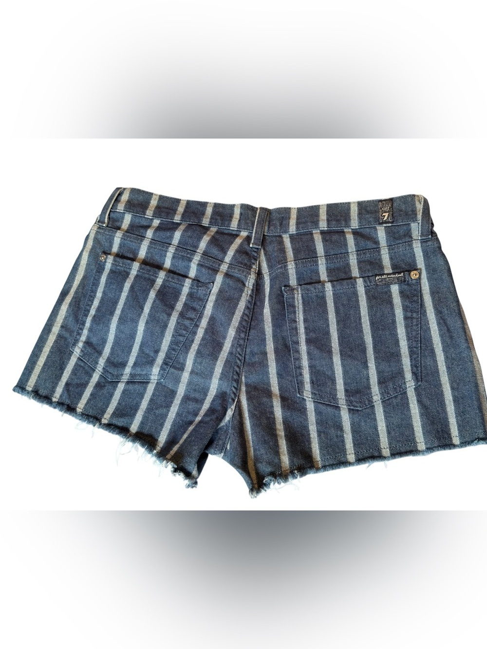 7 For All Mankind Blue Striped Frayed Hem Denim Shorts - Picture 2 of 4